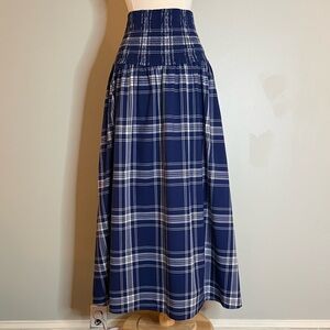 Hill House Smocked Navy Blue Plaid Midi Skirt / Strapless Dress